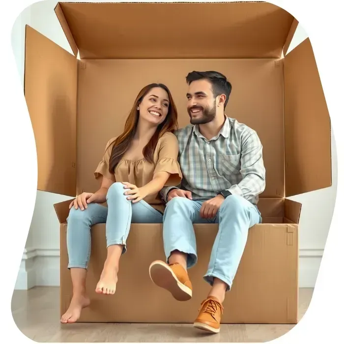 Two guys sitting on the floor of their apartment with Muval moving boxes