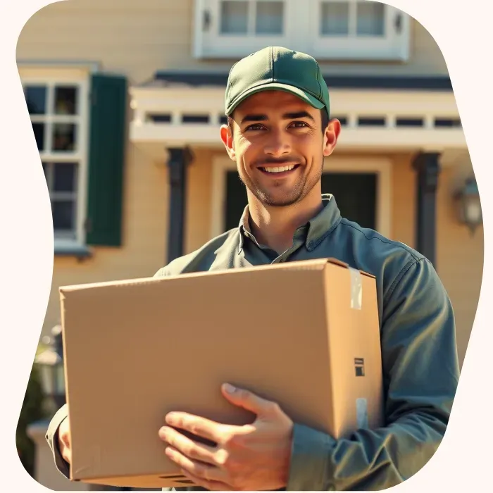 Two removalists moving boxes up stairs